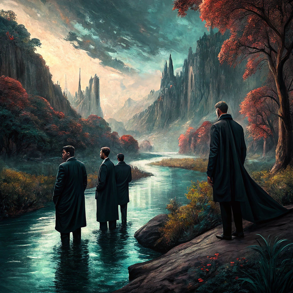 Men in Black Surreal Landscape of a River