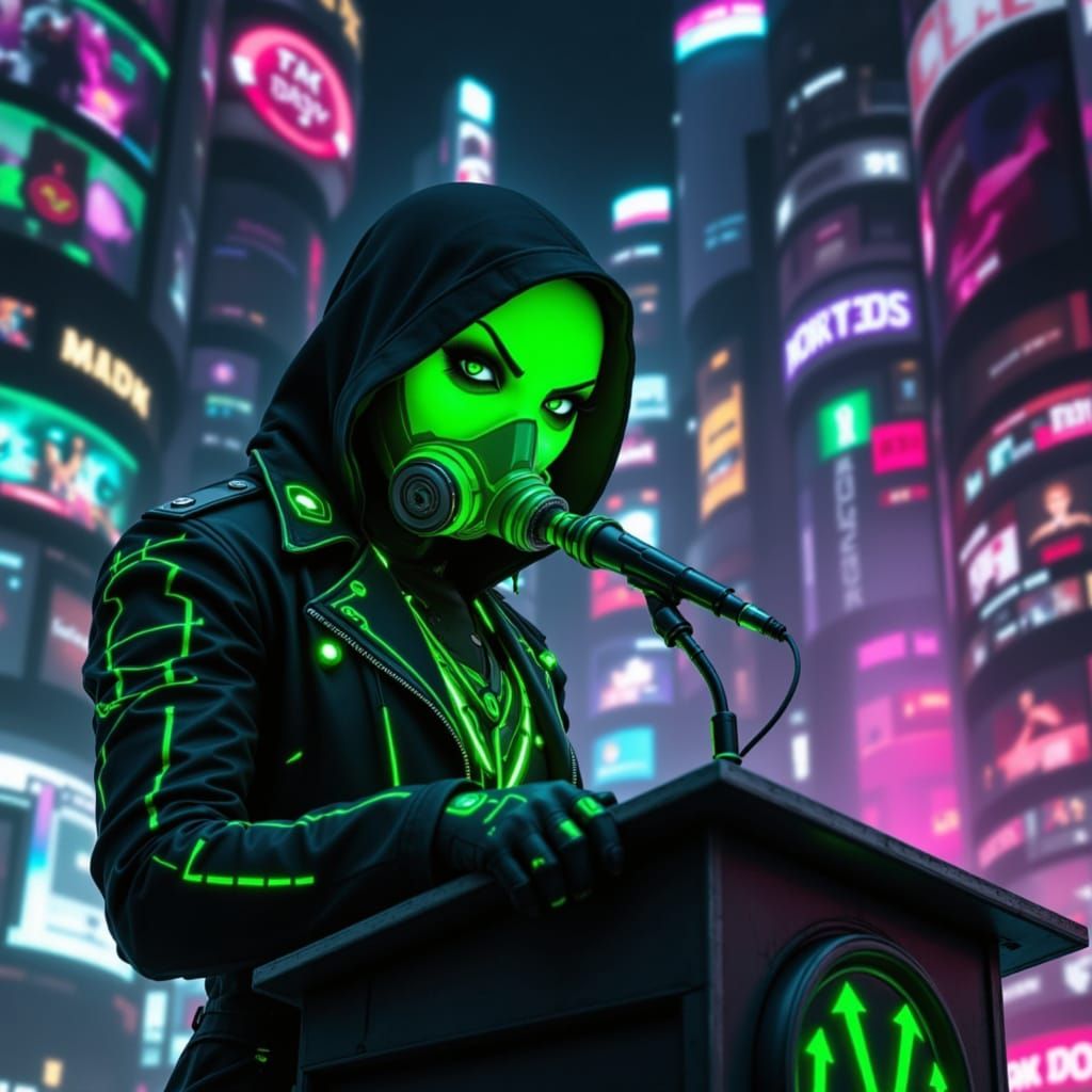 Neon Cultist Speaks from Podium in Futuristic Style