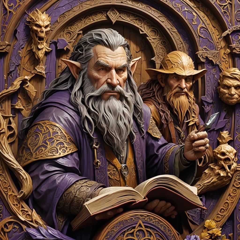 Hobbit Characters Carved in Book: Dark Fantasy Art