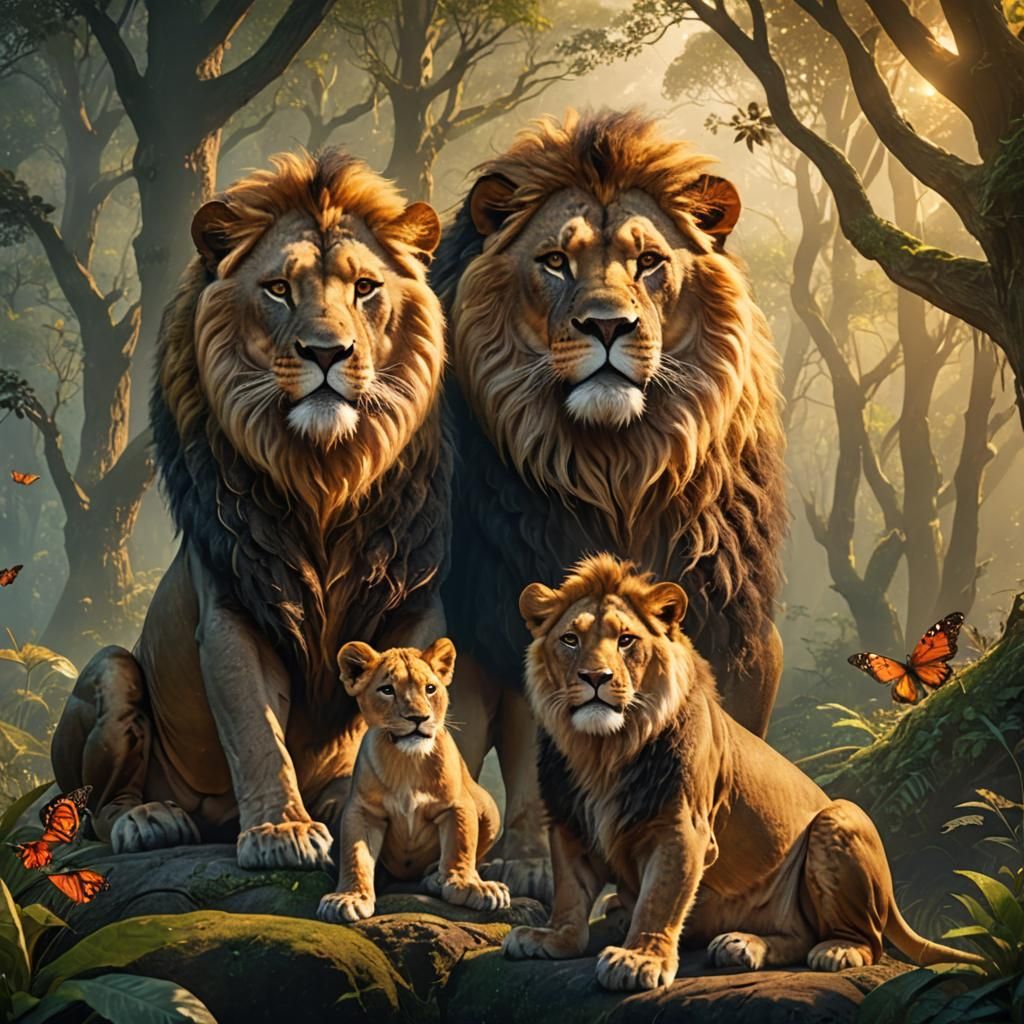 Lion Family Story in Enchanting Forest, Matte Painting