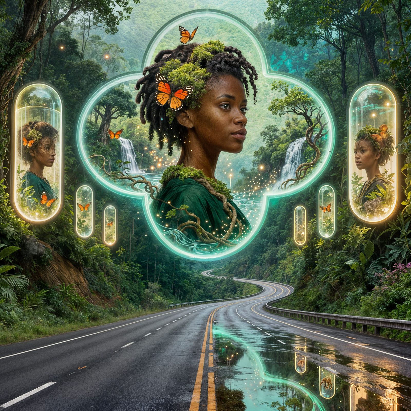 Afrofuturist Woman in Lush Forest Highway