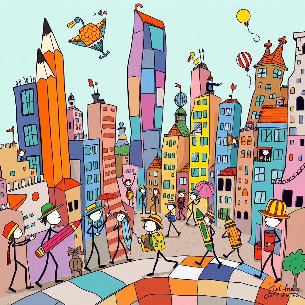 Surreal Metropolis with Playful Stick Figures in Conceptual ...