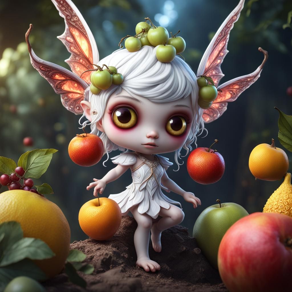 Cute Fairy Demon with Fruit in Detailed Painting