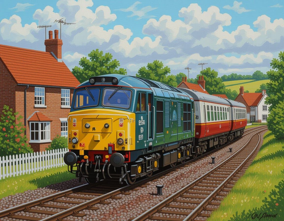 Intricate Oil Painting of British Freight Train in Village
