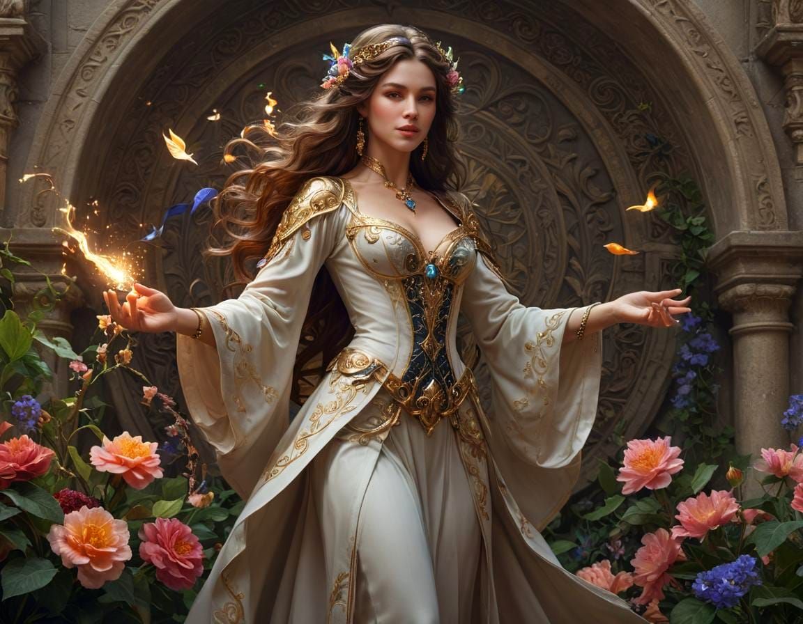 Beautiful Sorceress Casting Magic Spell in Art Nouveau Style