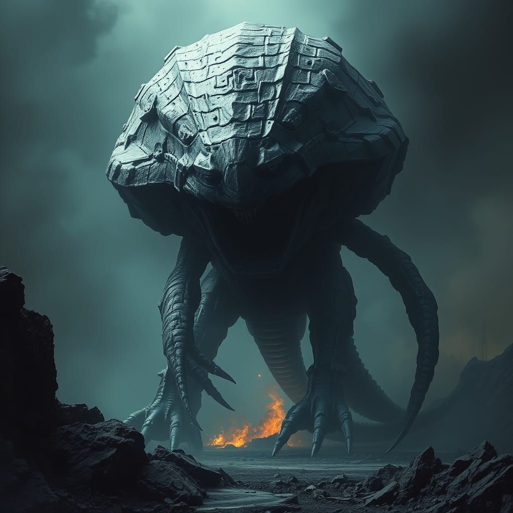 Gargantuan Obsidian Creature in Dark Gothic Landscape