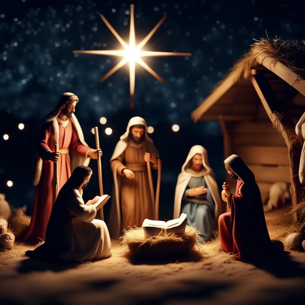 Nativity Scene at Night in Digital Painting Style