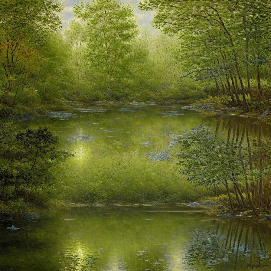 <lora:Romanticism:1.0>
Impressionist landscape painting. Medium shot. Calm, smooth lake surrounded by bright autumn tree...