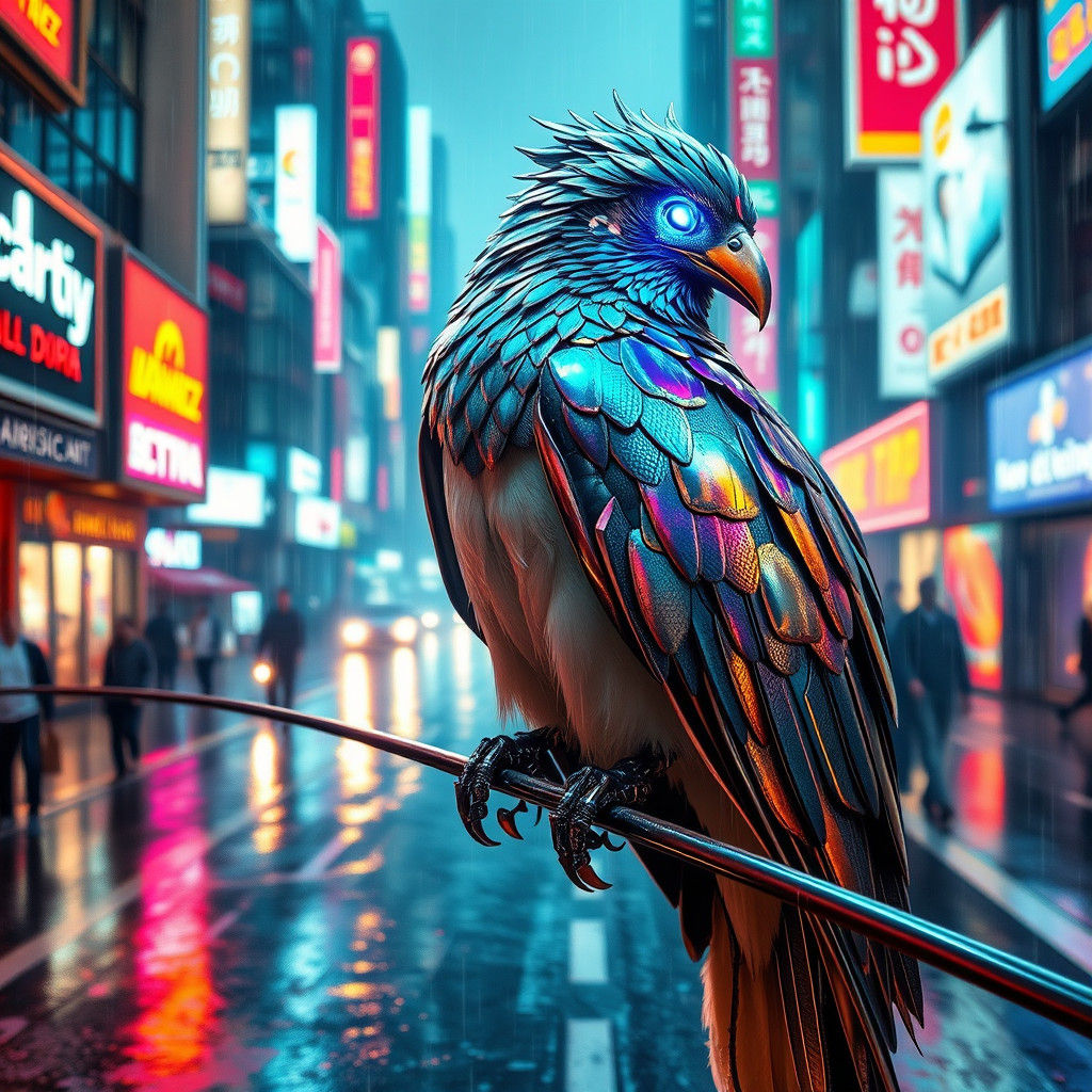 Cybernetic Bird in Neon Cityscape: Photorealistic Industrial...