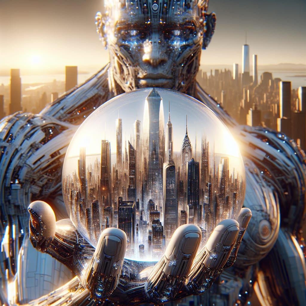 Futuristic New York Skyline Held by Titan: Afrofuturism