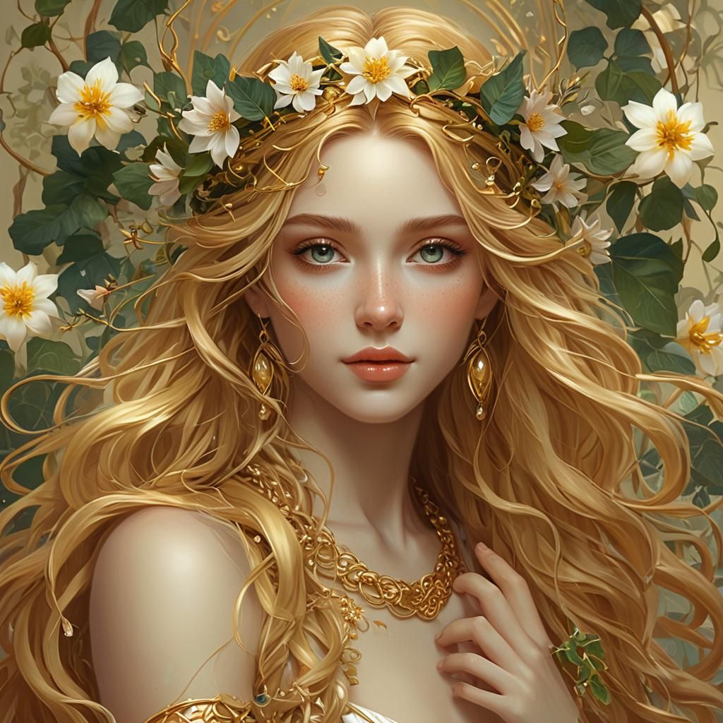 Golden Spring Goddess Portrait: Digital Art Illustration