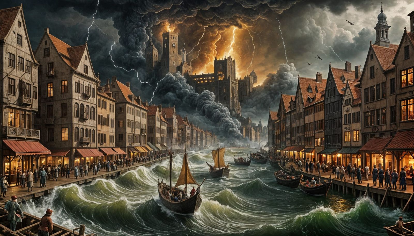 Renaissance Pin-Up in Flood Amidst Cityscape