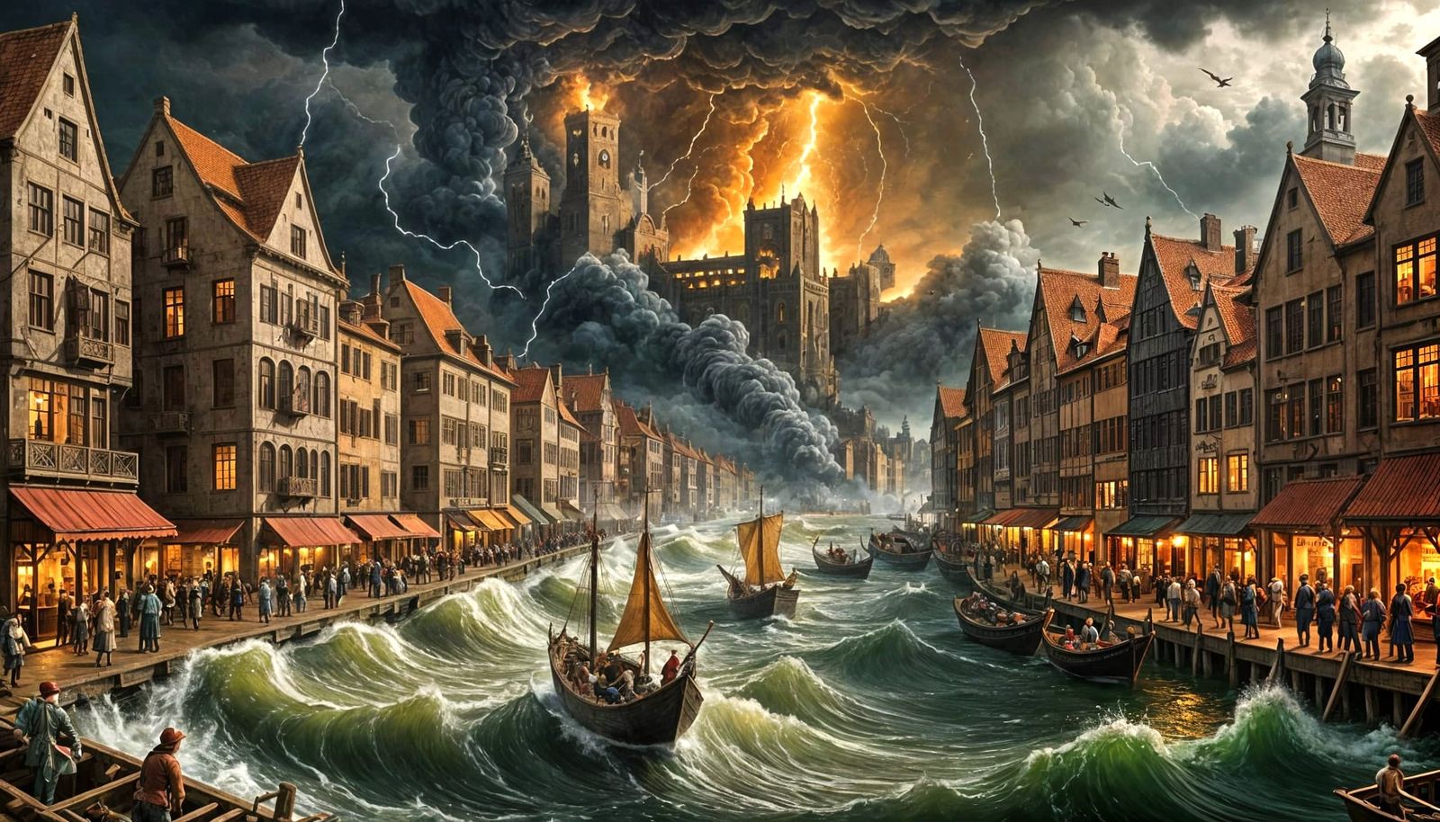 Renaissance Pin-Up Woman in Flood-Engulfed Cityscape