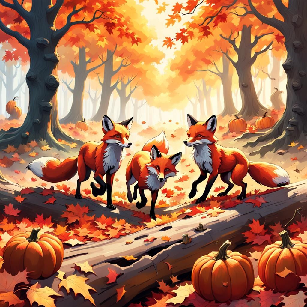 Foxes Playing in Autumnal Forest: Oil Painting