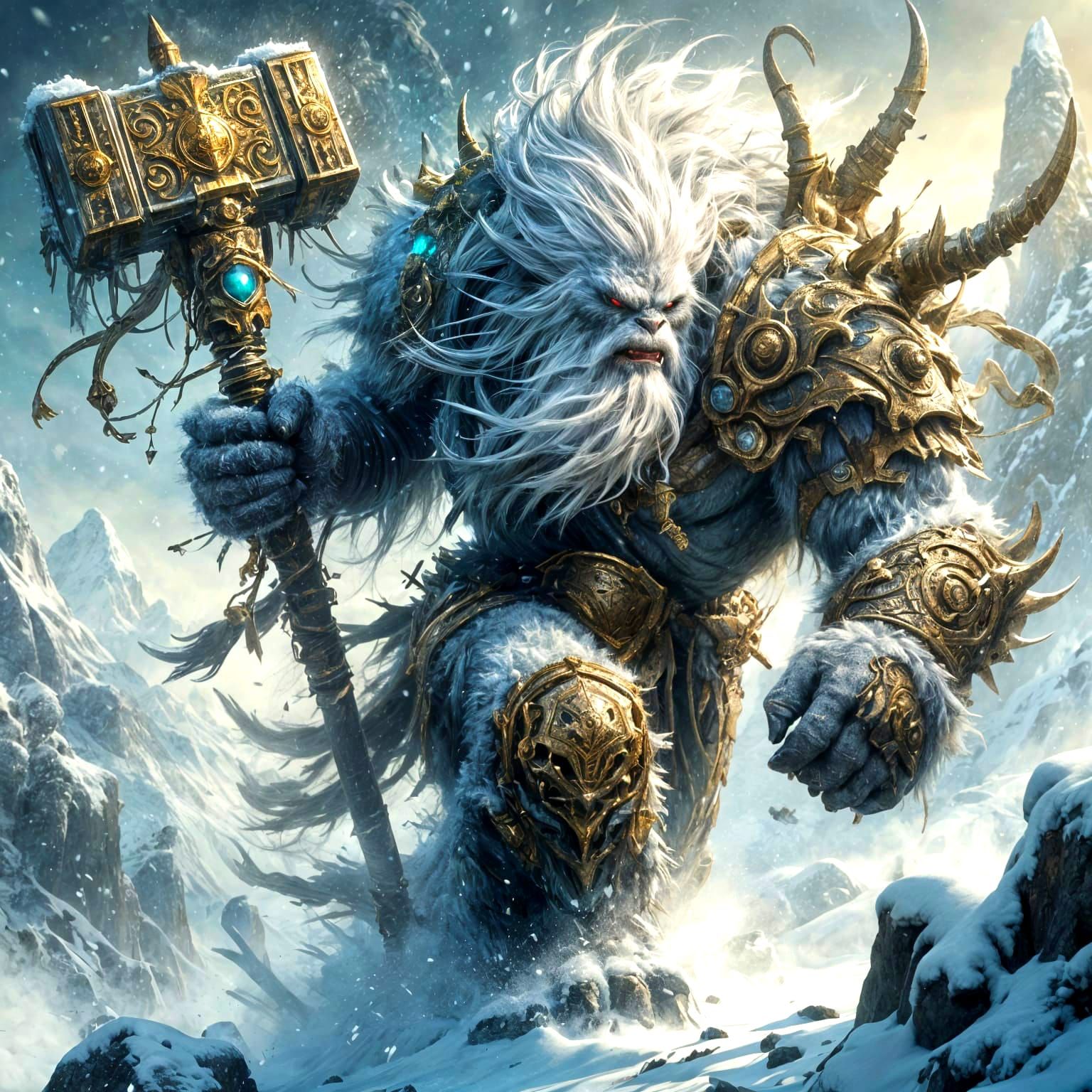 Warrior Yeti Charging into Battle in Snowy Mountains