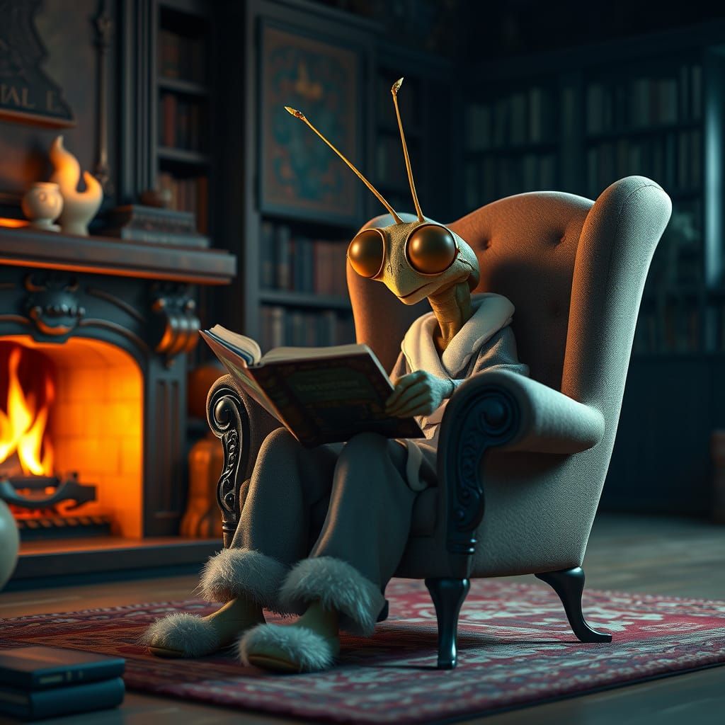 Anthropomorphic Mantis Reads in Cozy Library: 3D Render