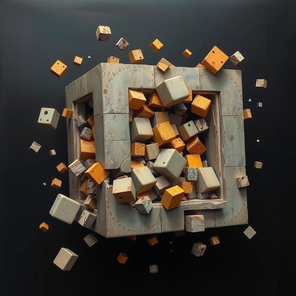 Deconstructed cubes falling from a darker concrete like cube...
