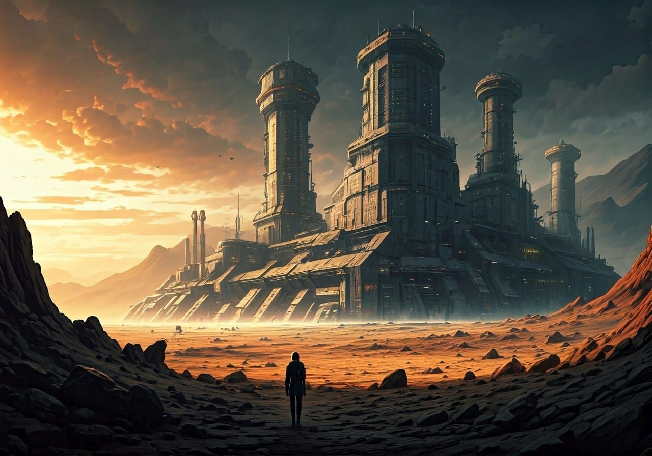 Sci-Fi War Factory on Barren Planet as Oil Painting