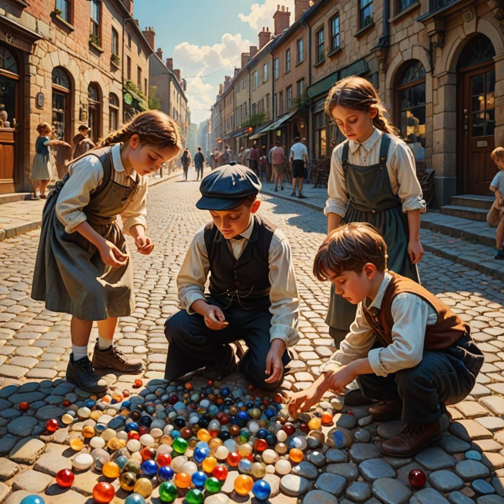 Victorian Children Playing Marbles in Sunlight