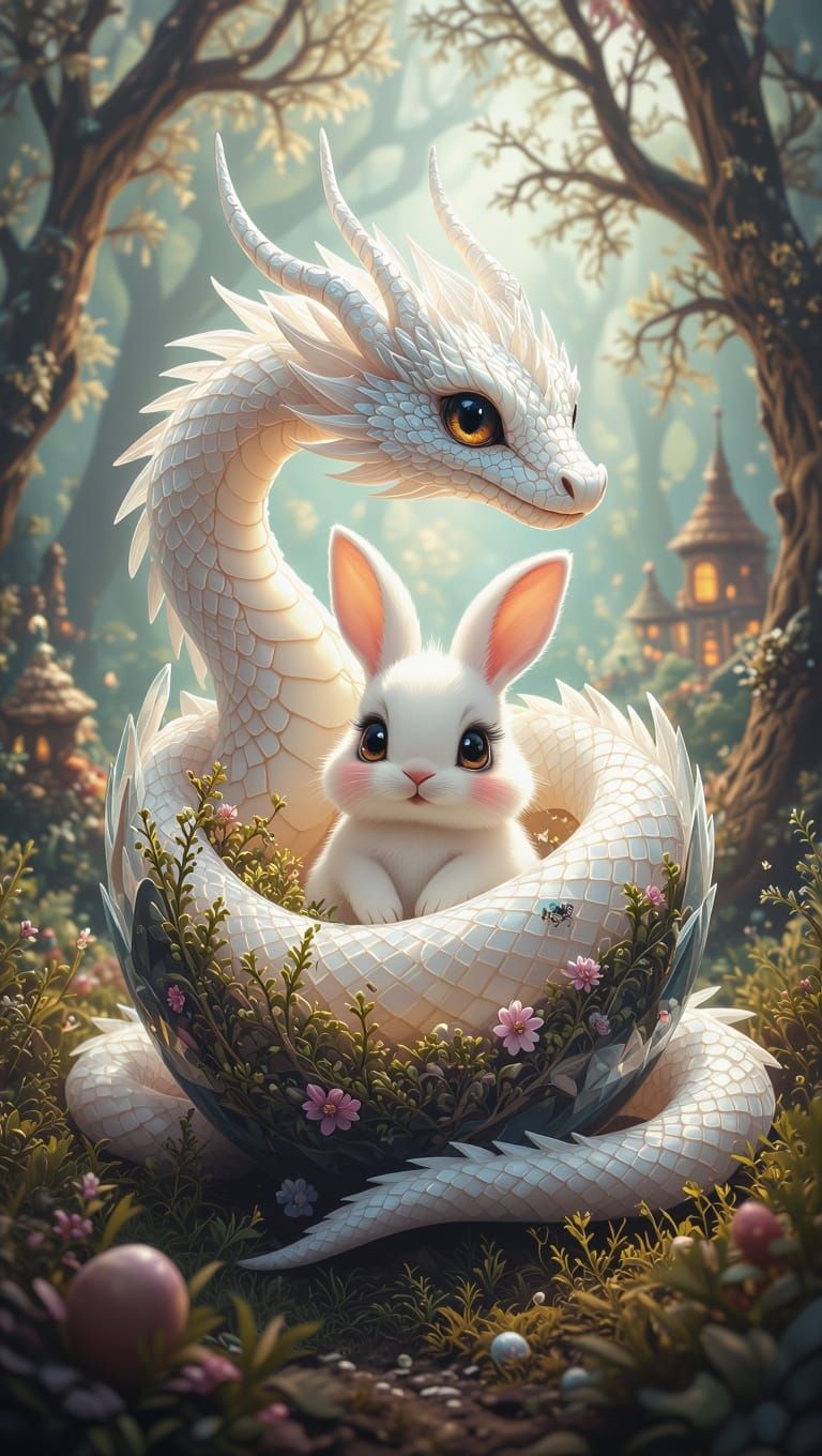 Whimsical Crystal Dragon Encounters a Hidden Bunny Colony