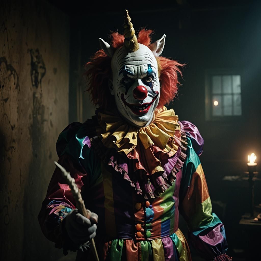 Art the Clown with Unicorn in Dark Expressionism