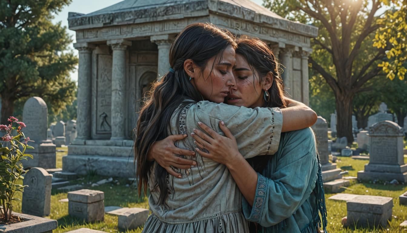 Grieving Women in Cemetery: Hyperrealistic Concept Art