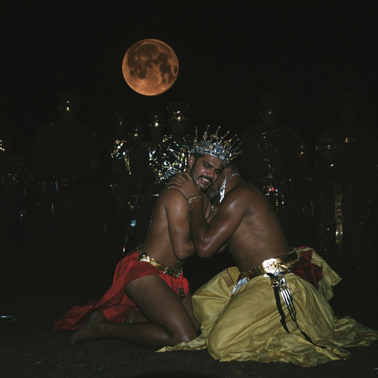 Dramatic Cinematic Scene of Two Kings Crying in Despair, Fla...