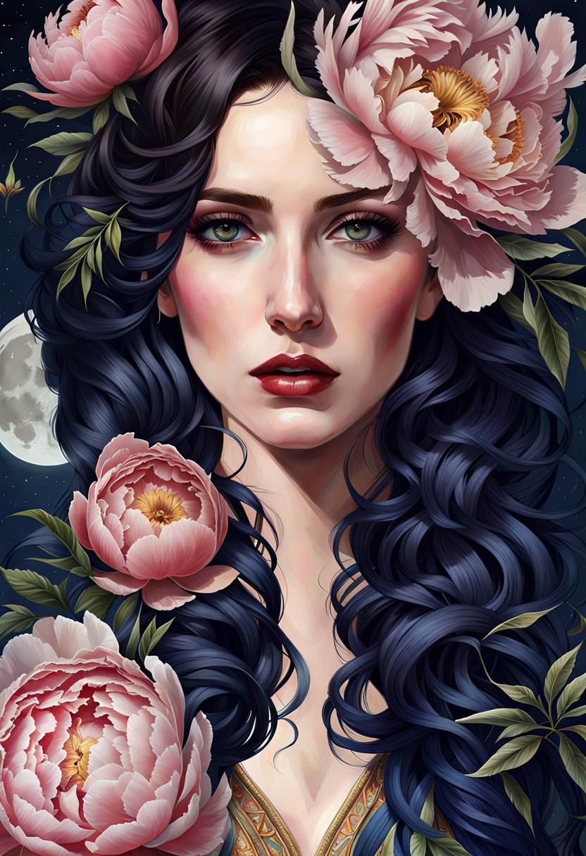 Goddess with Peonies and Full Moon: Intricate Portrait