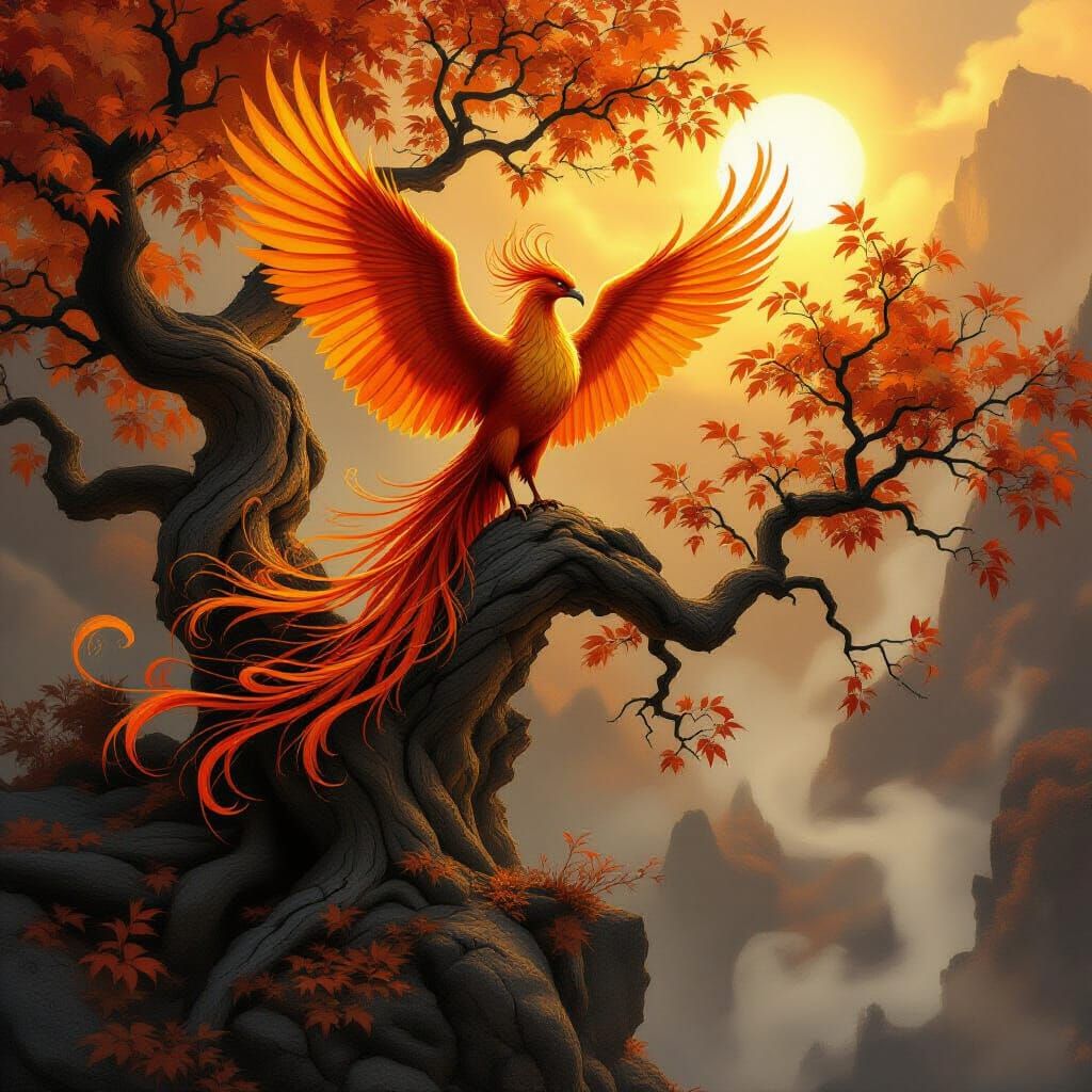 Majestic Phoenix on Autumn Oak Tree in Golden Light