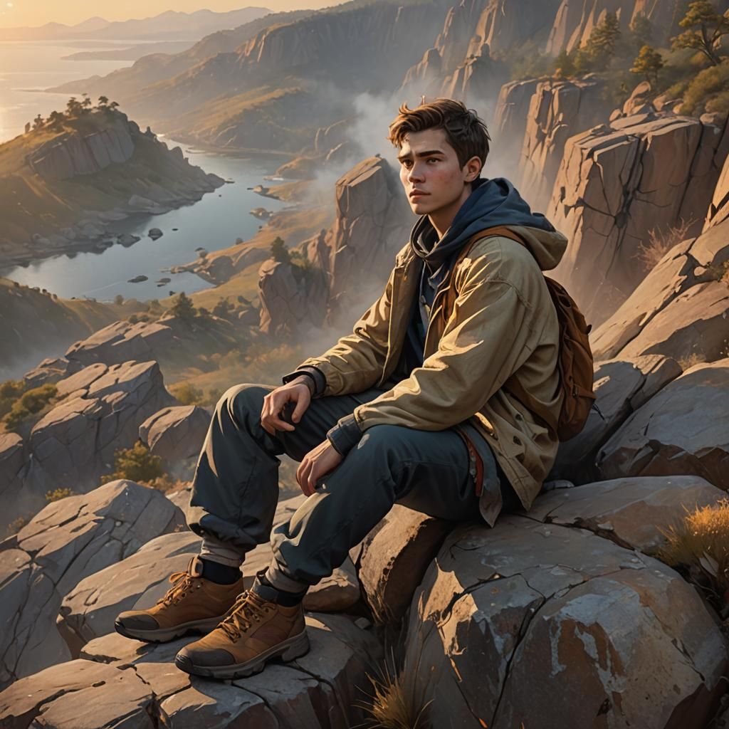 Young Man on Cliffside in Warm Cinematic Lighting