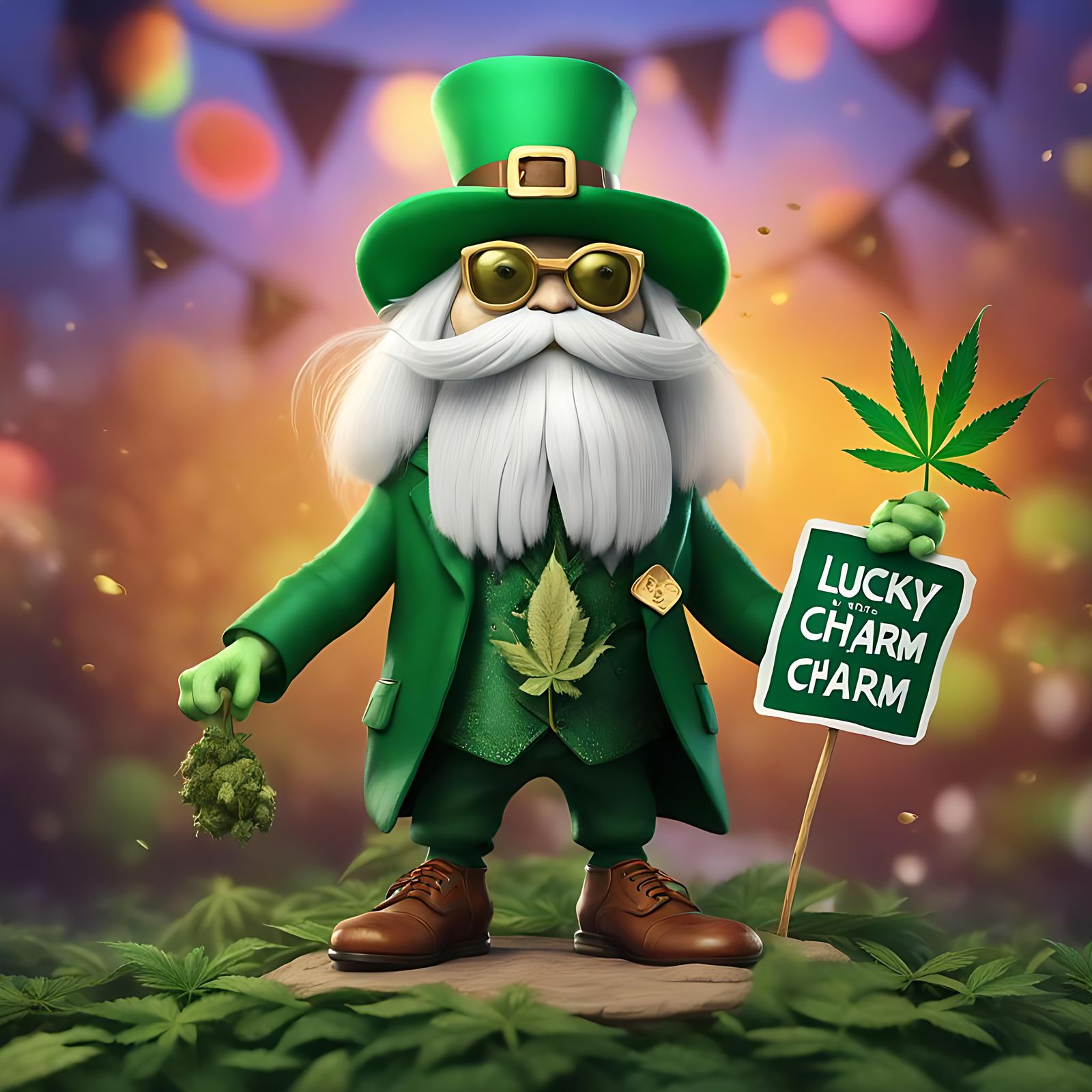 Bullfrog dressed up like a leprechaun with long white hair, ...