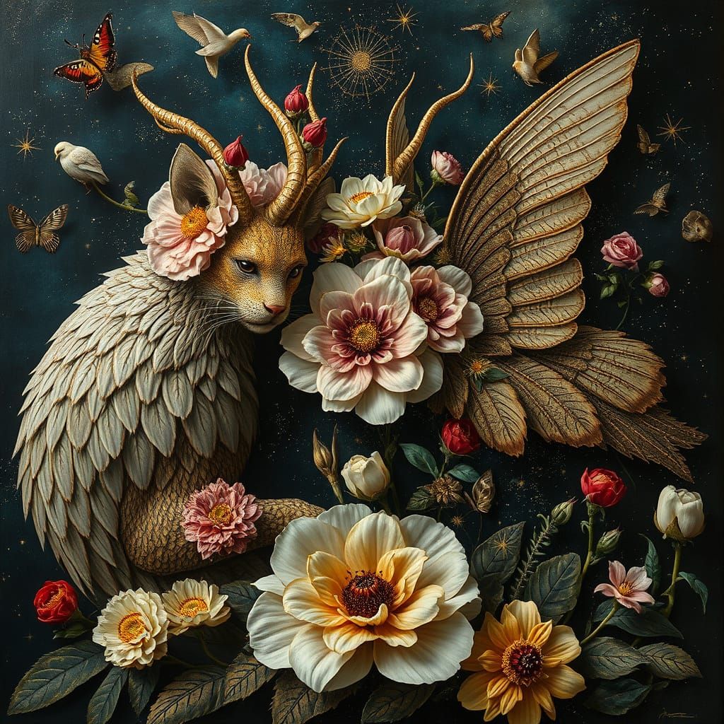 Surreal Celestial Flora and Fauna with Gold Leaf