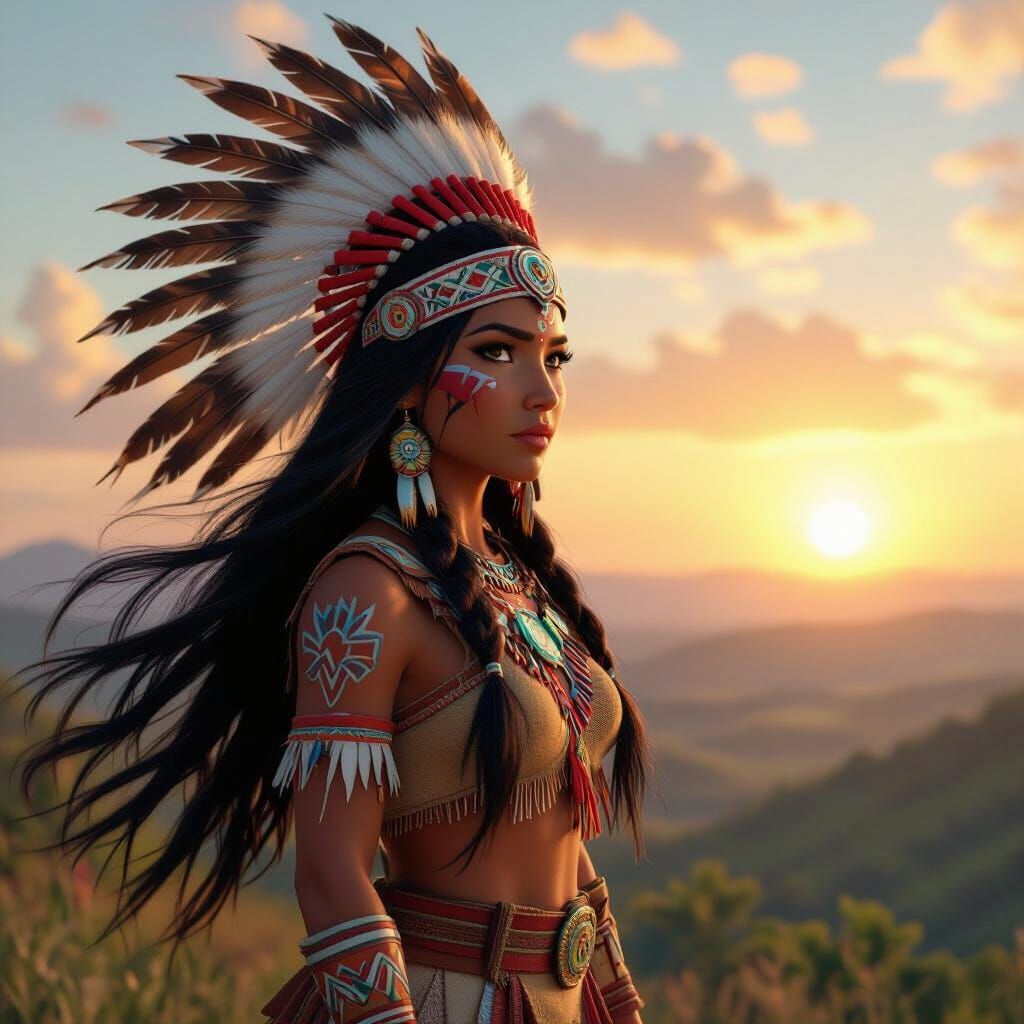Taino Warrior Woman Overlooking Homeland in 3D Style