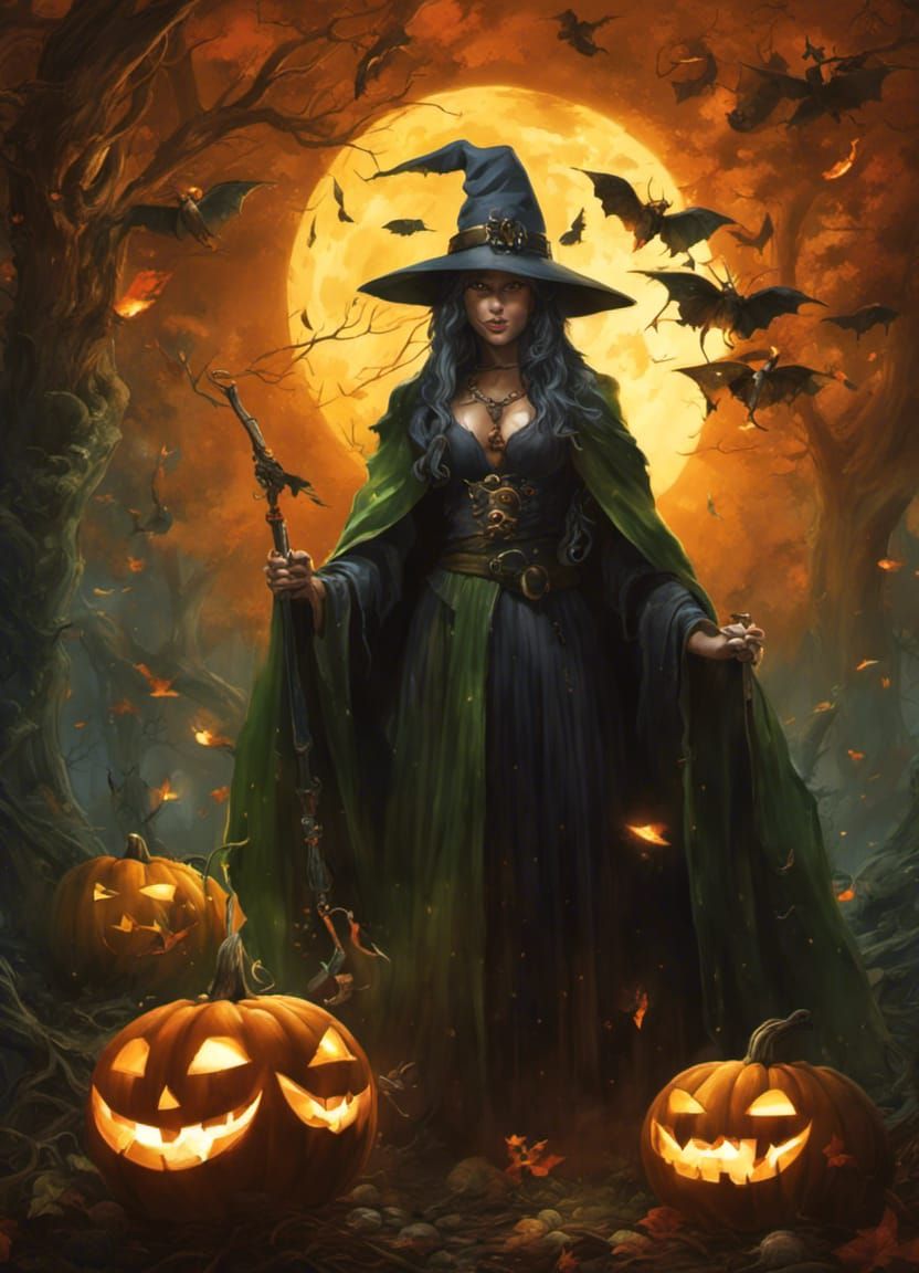 Smiling Witch Surrounded by Jack-o-Lanterns