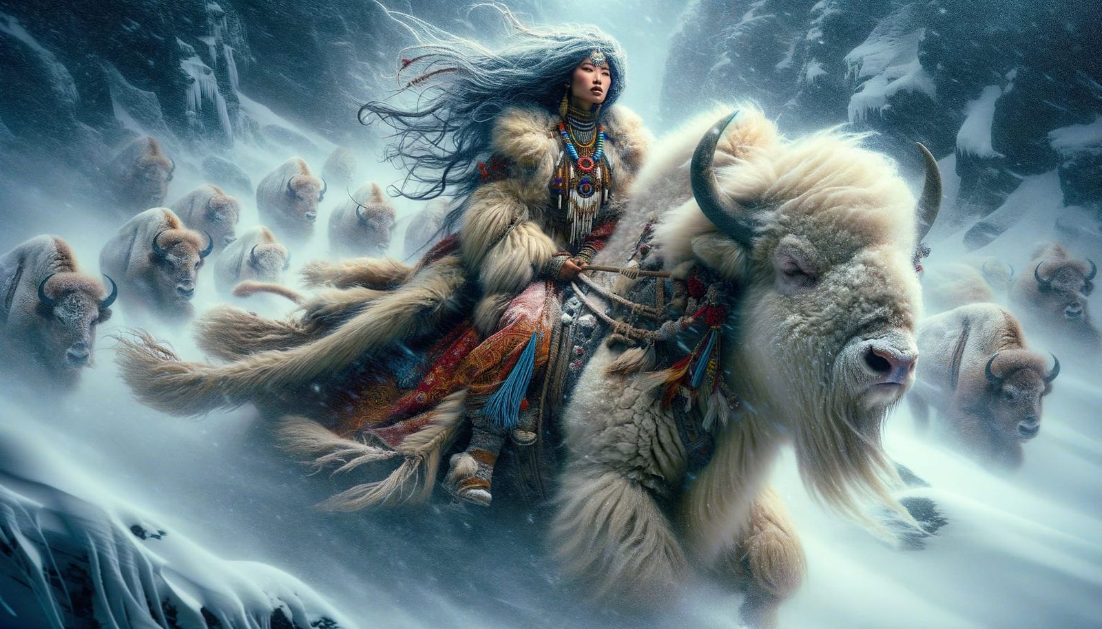 Warrior Woman on Albino Bison in Winter Wonderland
