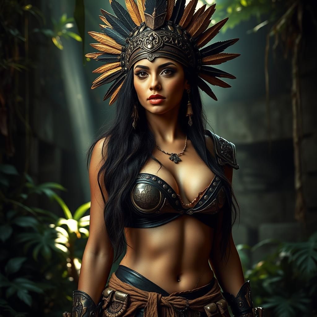 Glamorous Aztec Warrior Woman in Jungle Ruins