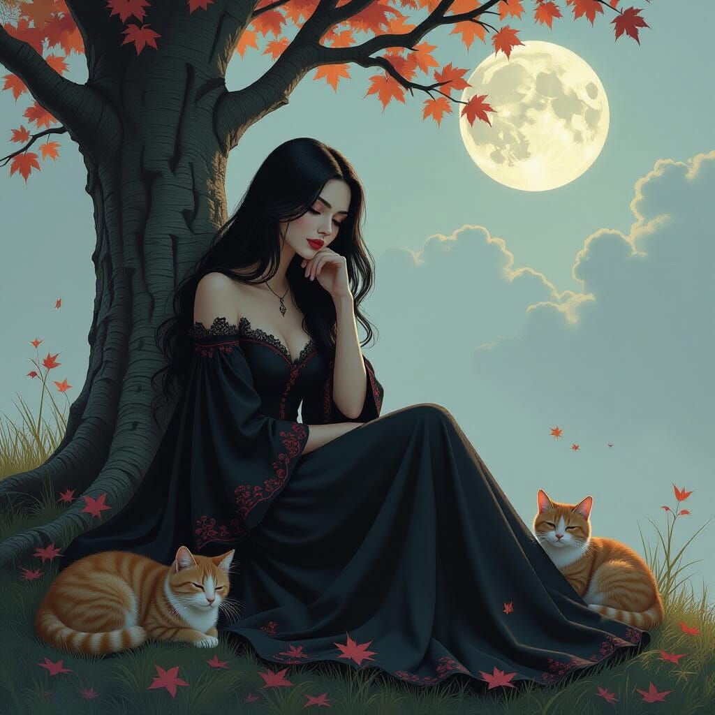 Gothic Figure Under Rowan Tree in Realistic Style