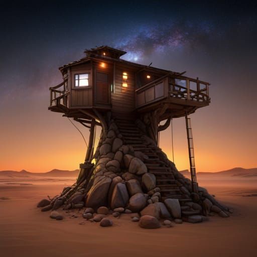 Night Desert Treehouse in Photorealistic Digital Art