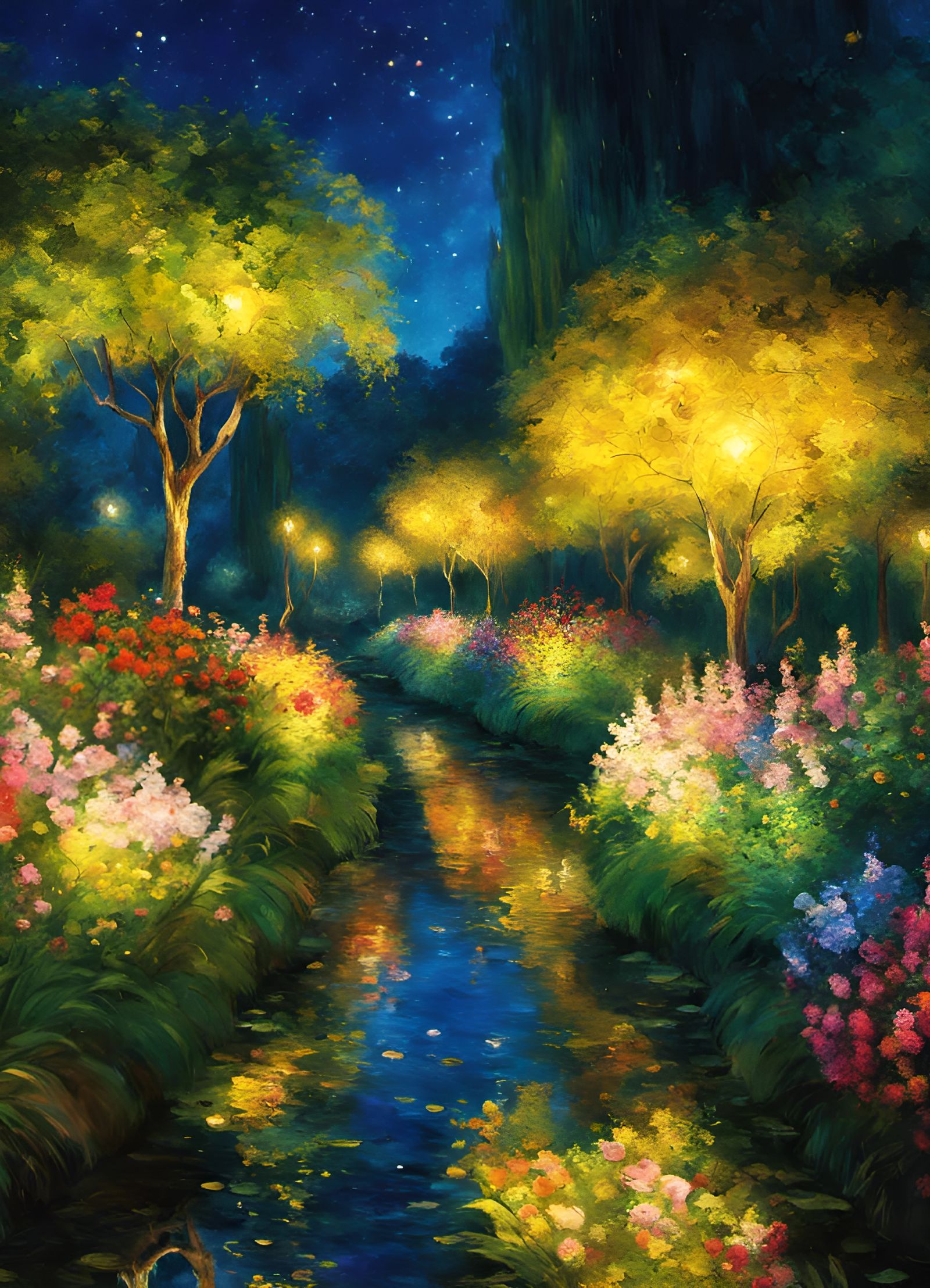 Anime Garden Landscape in Impressionist Impasto Style