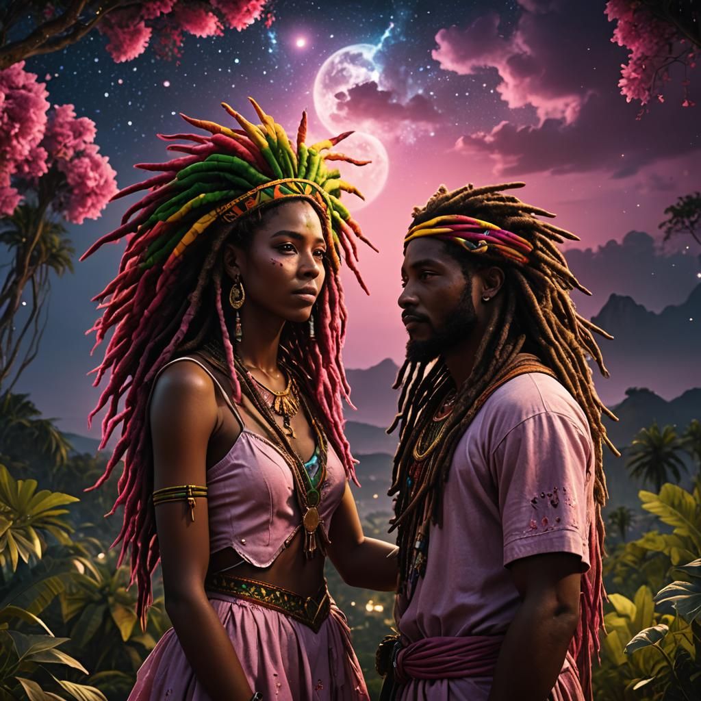 Embracing Couple Under Aurora Borealis, Digital Art