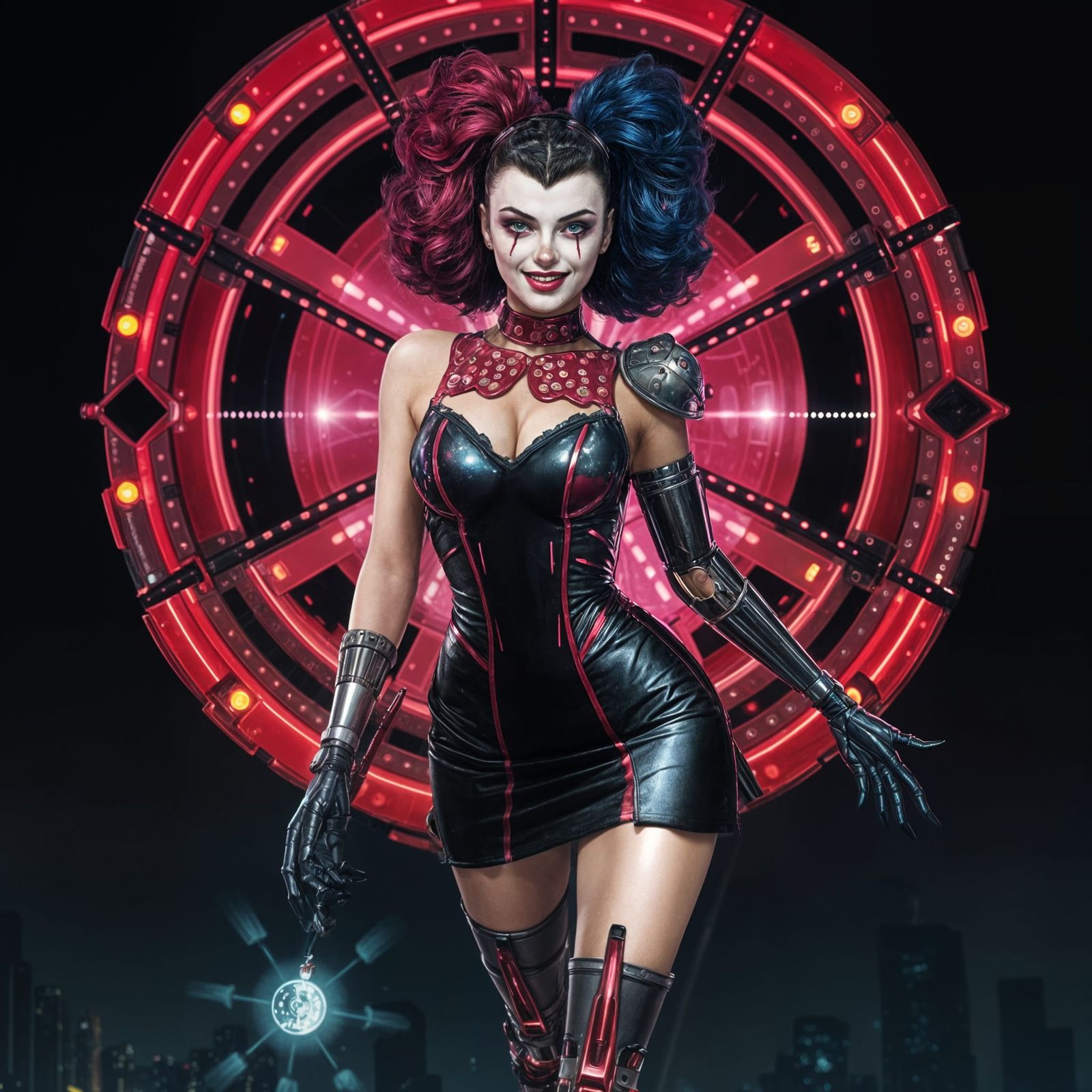 A shapely, mischievous, cybernetic, clown