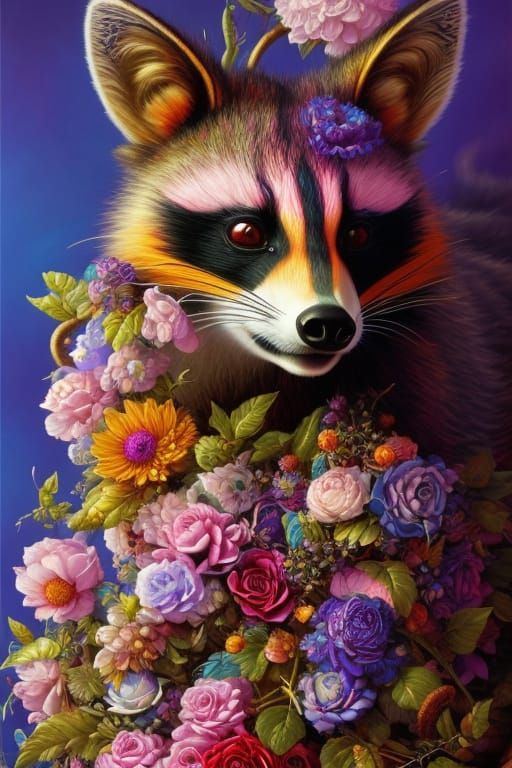 Psychedelic Raccoon Portrait Covered in Flowers
