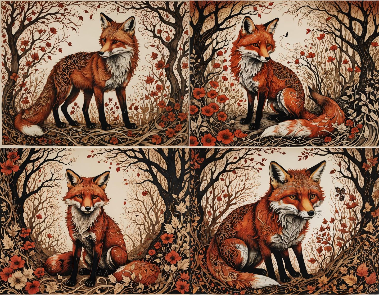 Surreal Fox Ink Drawing in Red and Brown