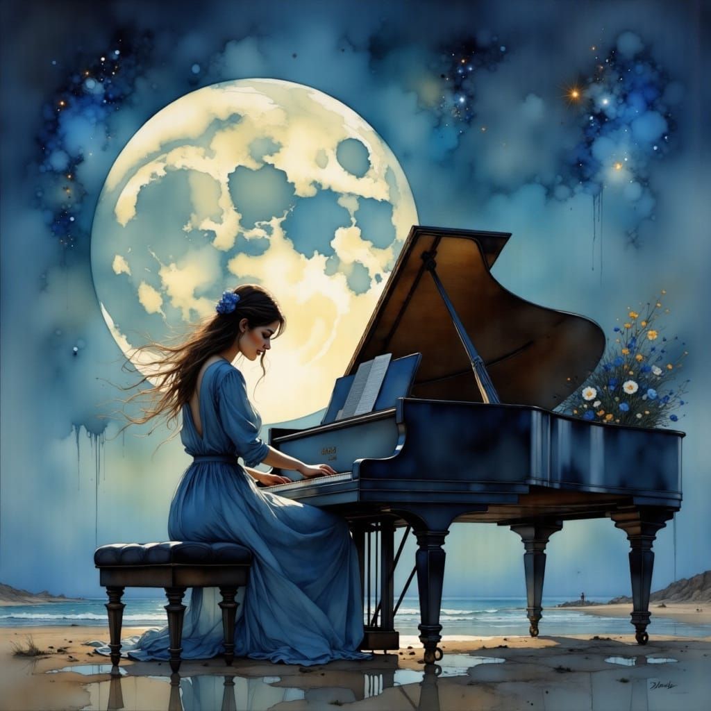 Woman Plays Piano on Beach Under Moonlight