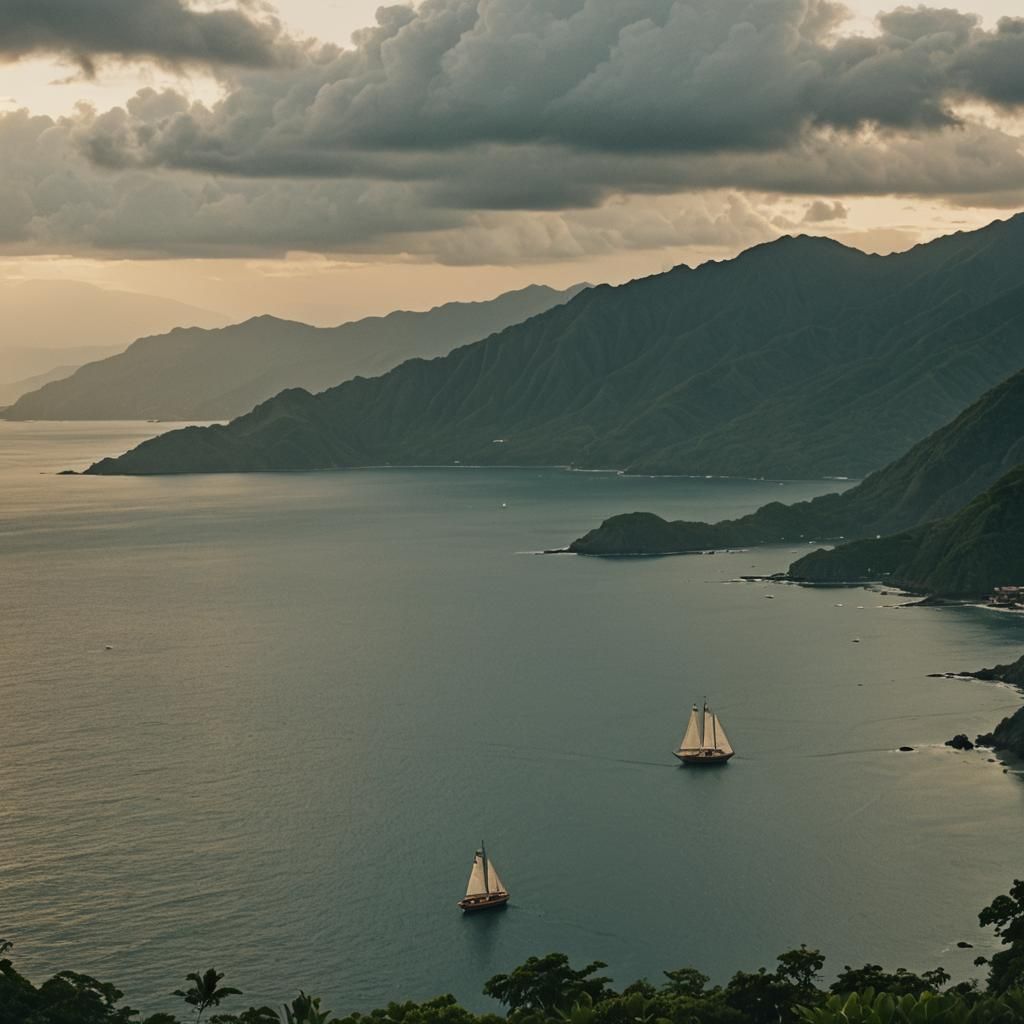 Tropical Mountain Bay with Schooner: Cinematic Film Still