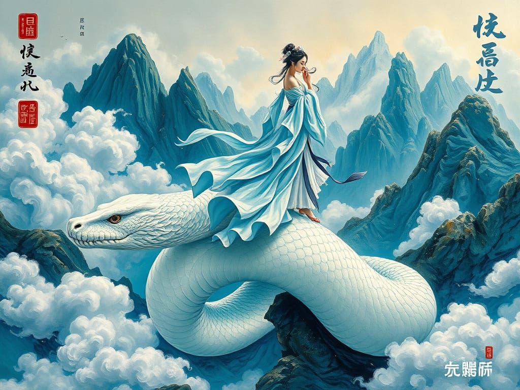 Ethereal Goddess Amidst Swirling Clouds and Ancient Serpent