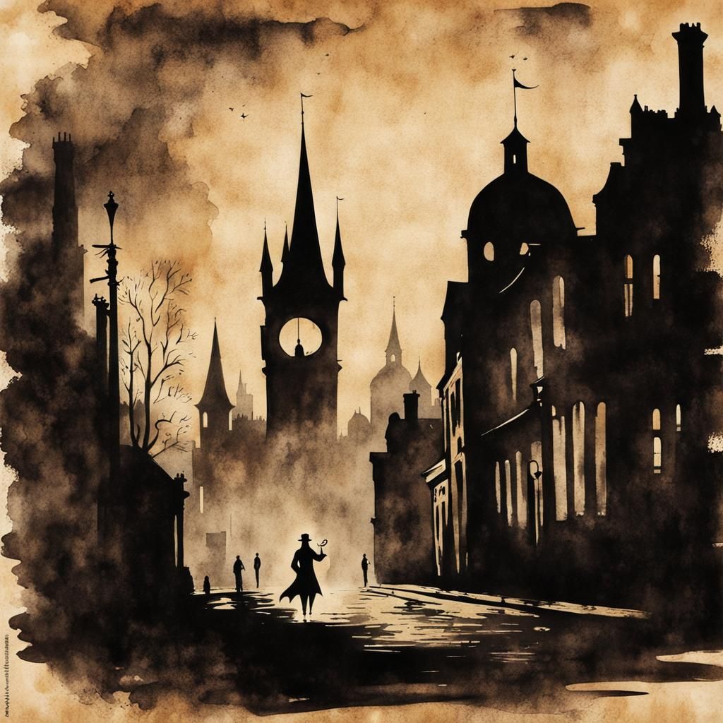 Noir Gothic Victorian Cityscape Ink Painting