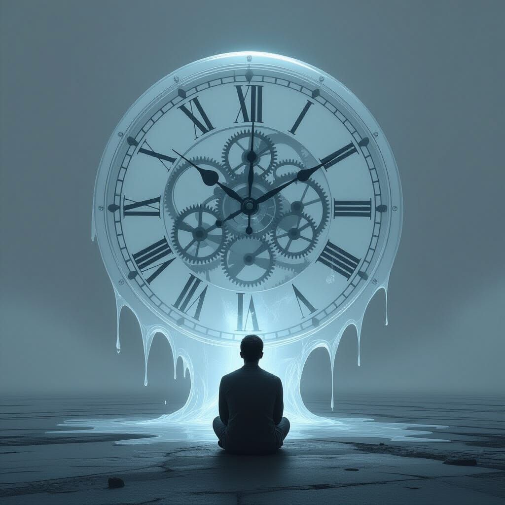 Time's Silent Devour: Surreal Clock Melts Human to Dust