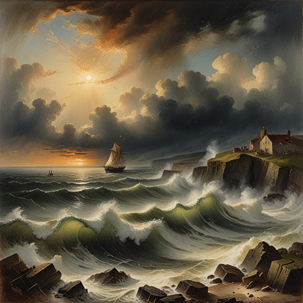 Stormy Seascape with Dramatic Light in Romantic Style