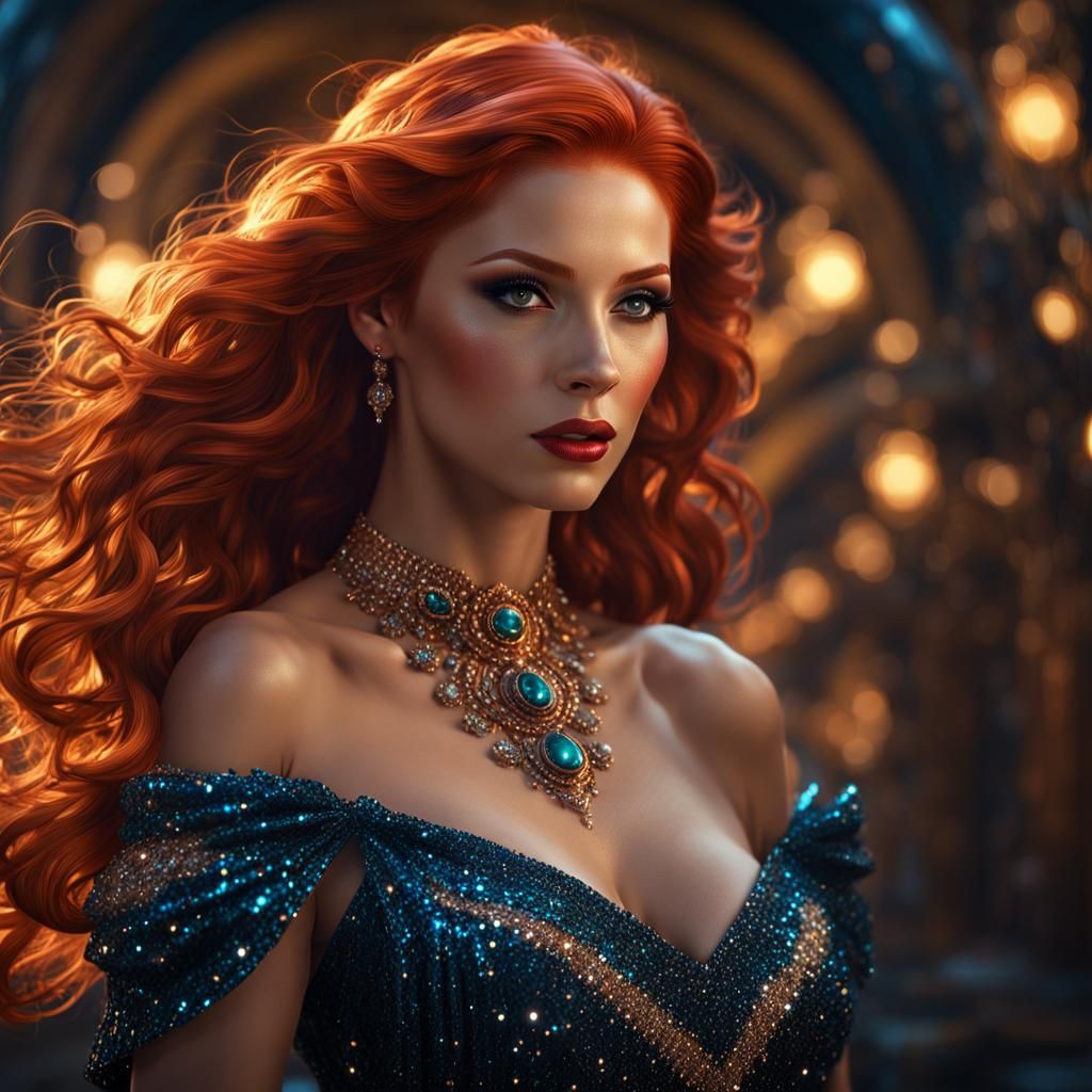 Redhead in Paillette Dress: Cinematic Digital Art